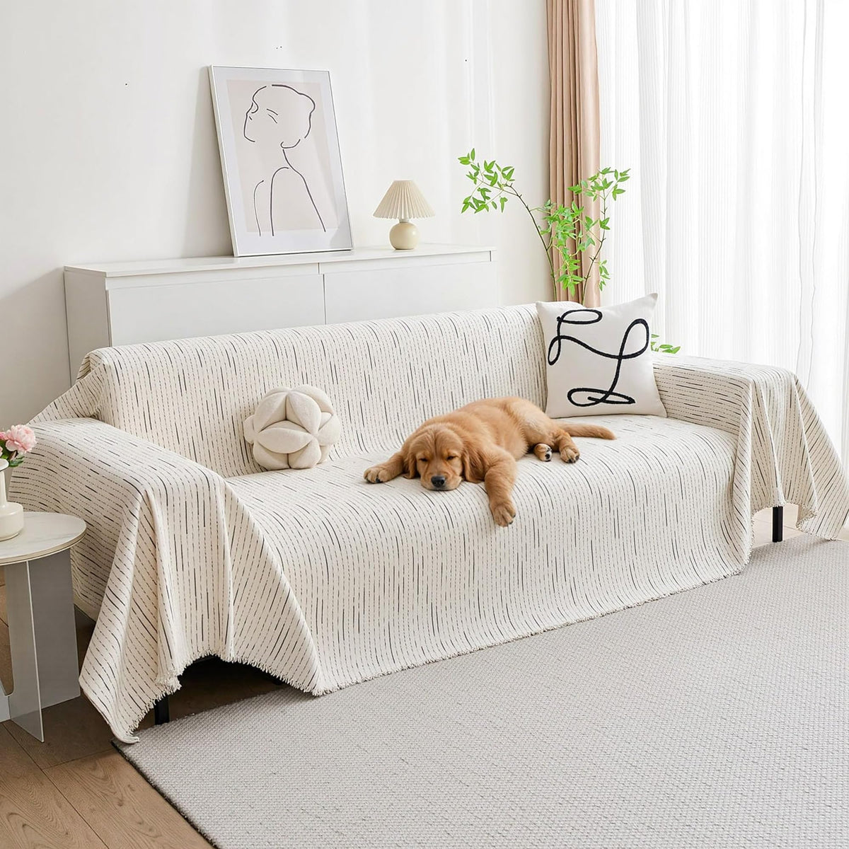 MYSKY HOME Couch Cover for Dogs, Washable Couch Covers, Non Slip Couch Sofa Cover, Couch Cover 2 Cushion Sofa Dogs Furniture Protector with Tassels Chenille Sofa Covers for Pets, 71"x118", Moss Green