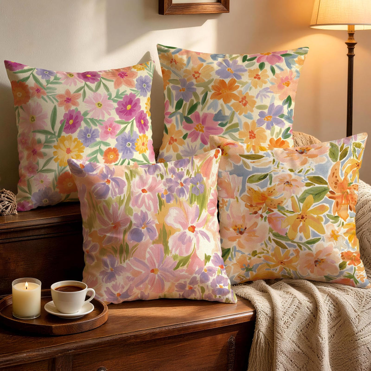 OBSEDE Rustic Neutral Boho Floral Throw Pillow Covers 18x18 Inch Set of 4