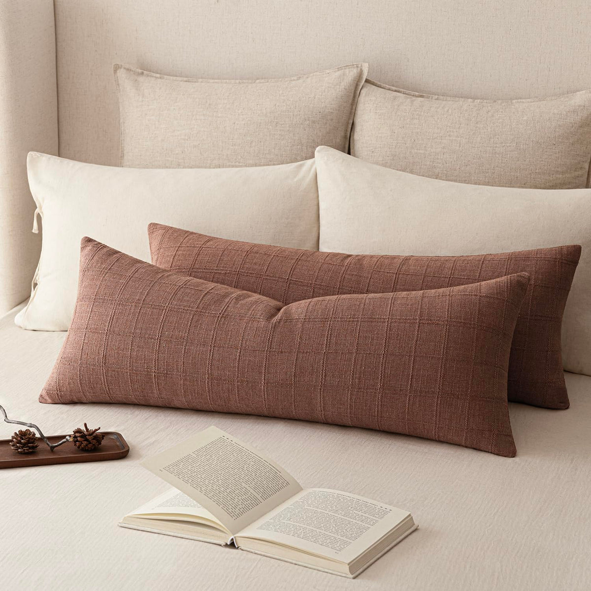 Foindtower Linen Check Decorative Throw Pillow Covers 18×18 Natural Beige