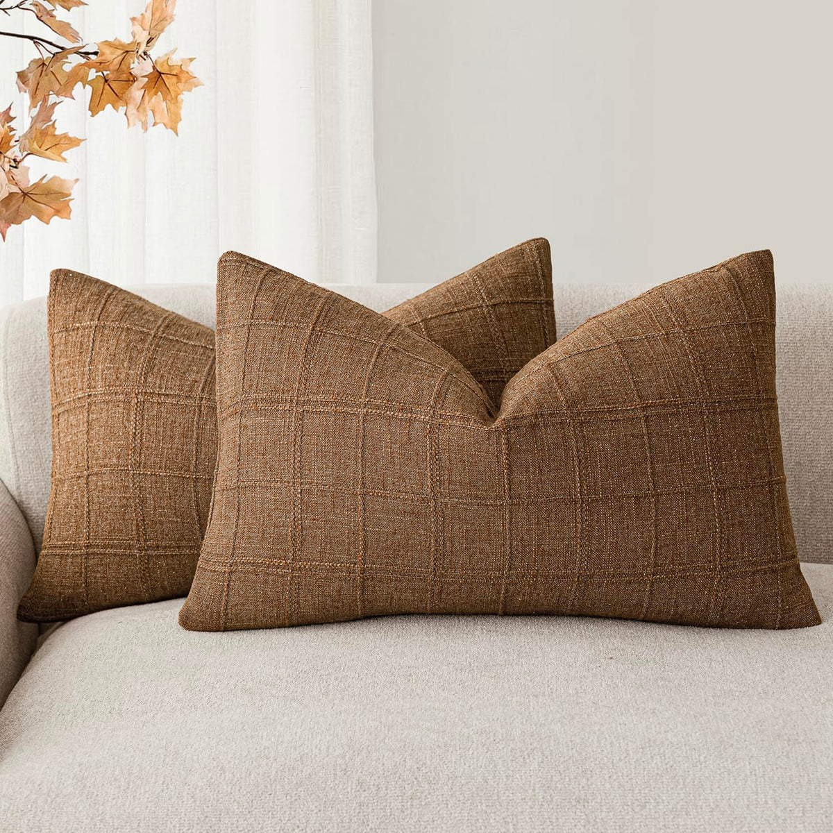 Foindtower Linen Check Decorative Throw Pillow Covers 18×18 Natural Beige