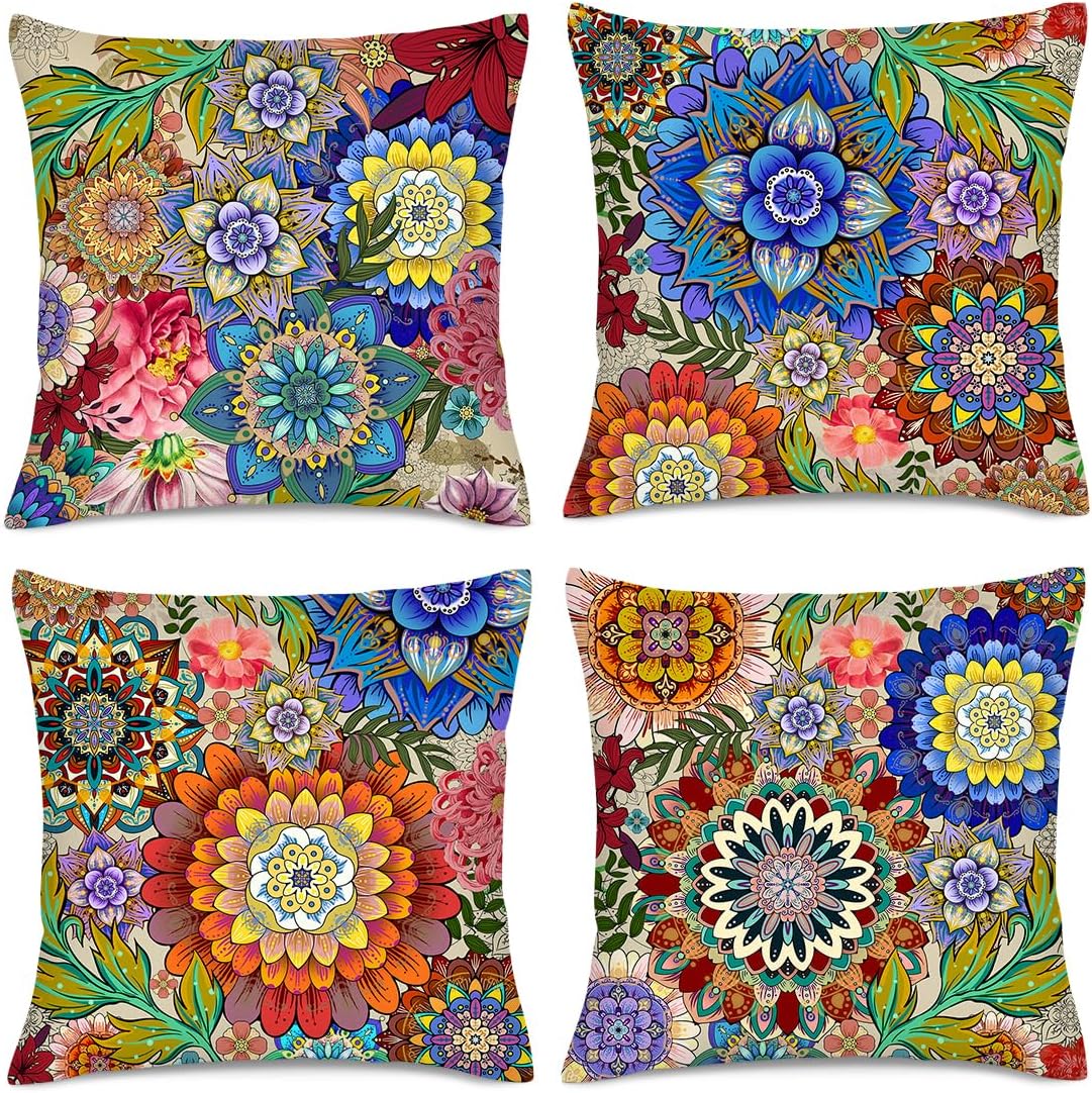 Boho Floral Throw Pillows Covers 18x18 in Colorful Flower Set of 4