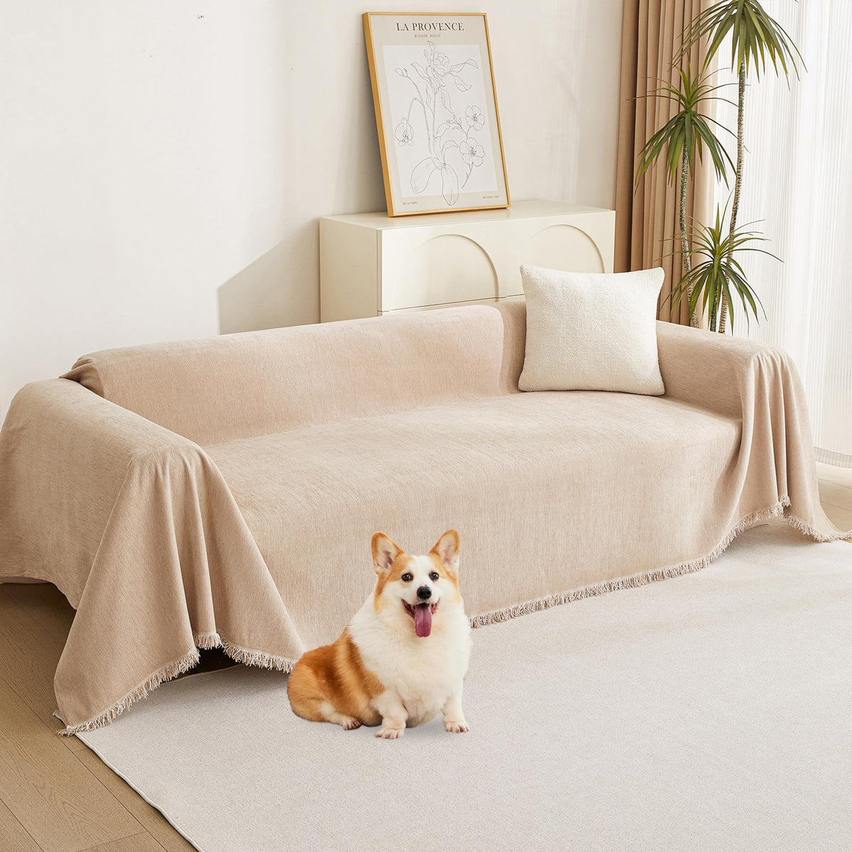 MYSKY HOME Couch Cover for Pets, Beige Couch Covers for 2 Cushion Couch Sofa, Sofa Slipcover Sectional L Shape Chenille Covers for Pets, Throw Couch for Dogs, Kids,71" X118"