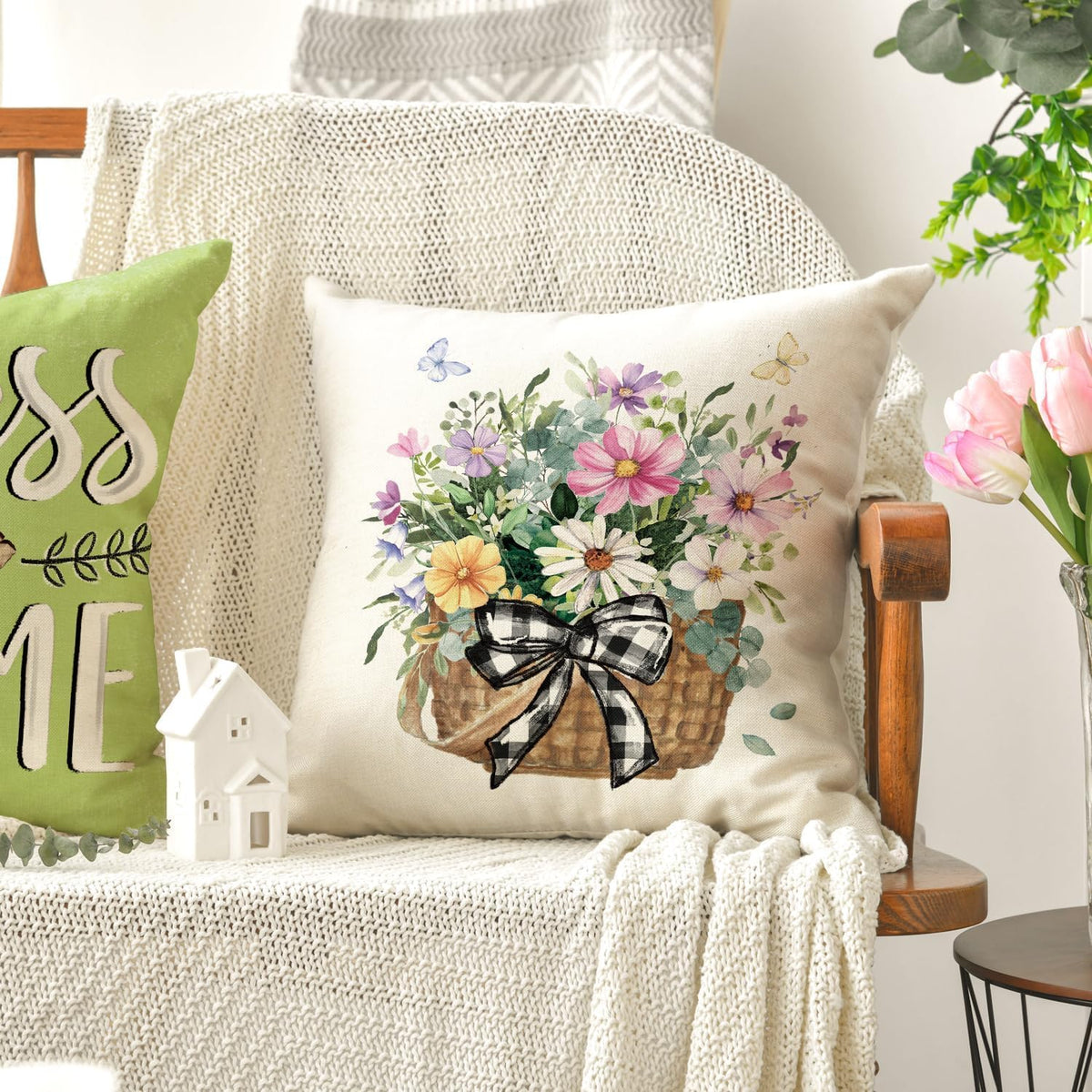 AVOIN colorlife Bless Our Home Eucalyptus Leaves Throw Pillow Covers, 18 x 18 Inch Spring Truck Cushion Case for Home Sofa Couch Set of 4