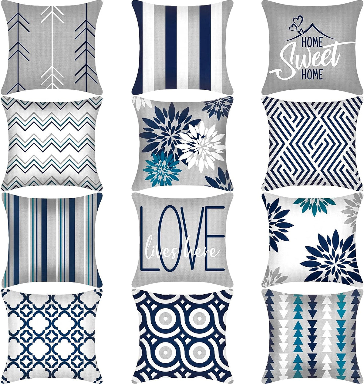 Flutesan 12 Pcs Pillow Covers 18x18 Geometric Linen for Couch, Gray Blue