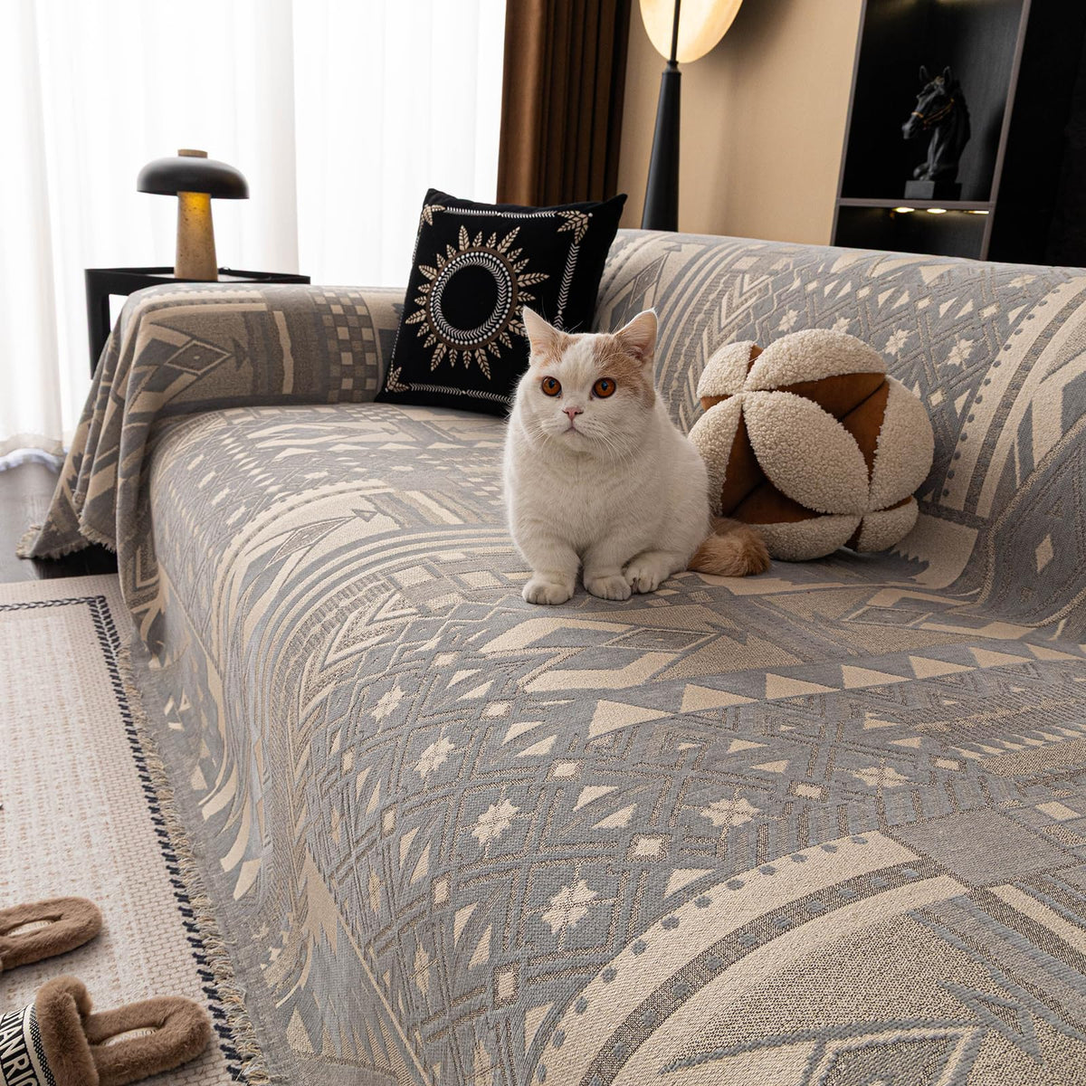 ROOMLIFE Thicked Striped Couch Cover with Tassel Blue Chenille Sofa Cover Blanket for Sectional Sofa, Soft Sofa Slipcovers for L Shaped Love Seat 2-3 Cushion Couch Anti Slip Sofa Protector, 71"x118"