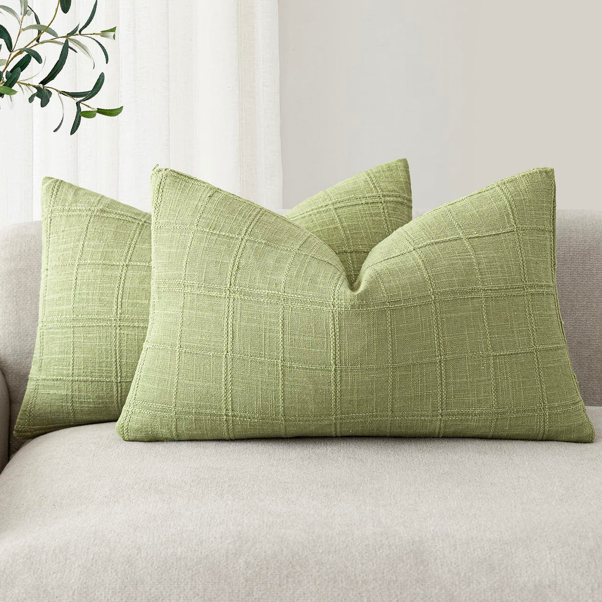 Foindtower Linen Check Decorative Throw Pillow Covers 18×18 Natural Beige