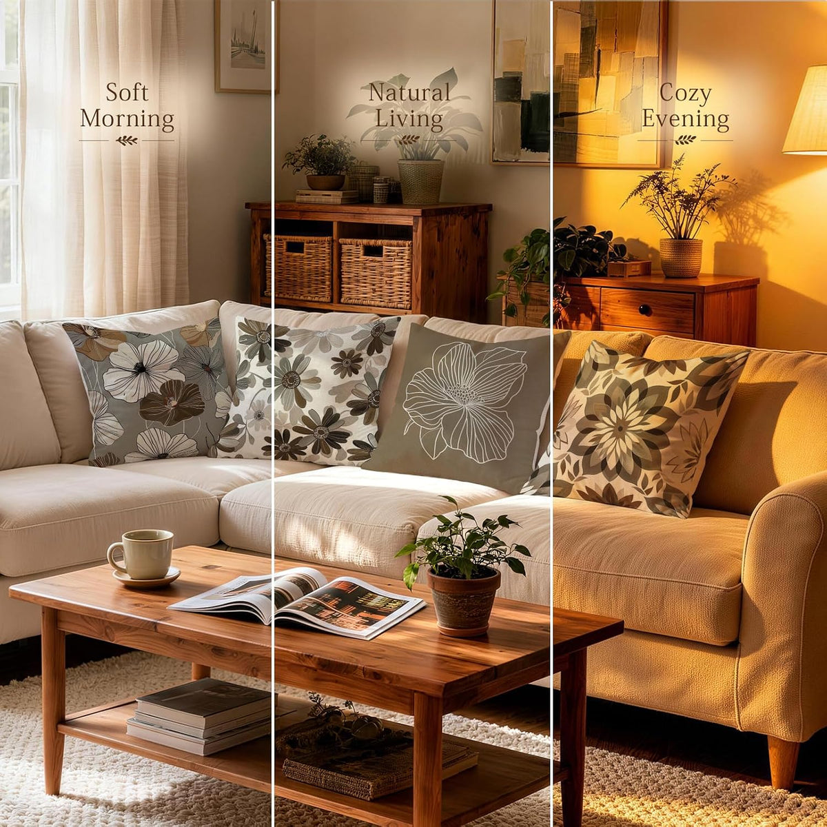 OBSEDE Rustic Neutral Boho Floral Throw Pillow Covers 18x18 Inch Set of 4
