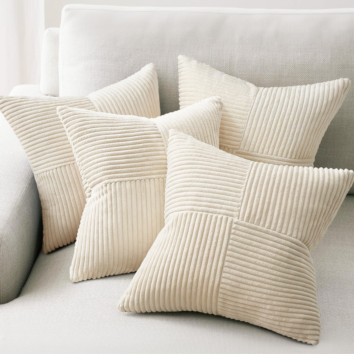 Topfinel Decorative Neutral Gray Throw Pillow Covers for Couch,Boho Cozy Soft Cushion Covers Set of 4 with Corduroy,Accent Pillowcases for Sofa,Bed,Living Room Home Decor 18×18 Inch (Cream,Grey)