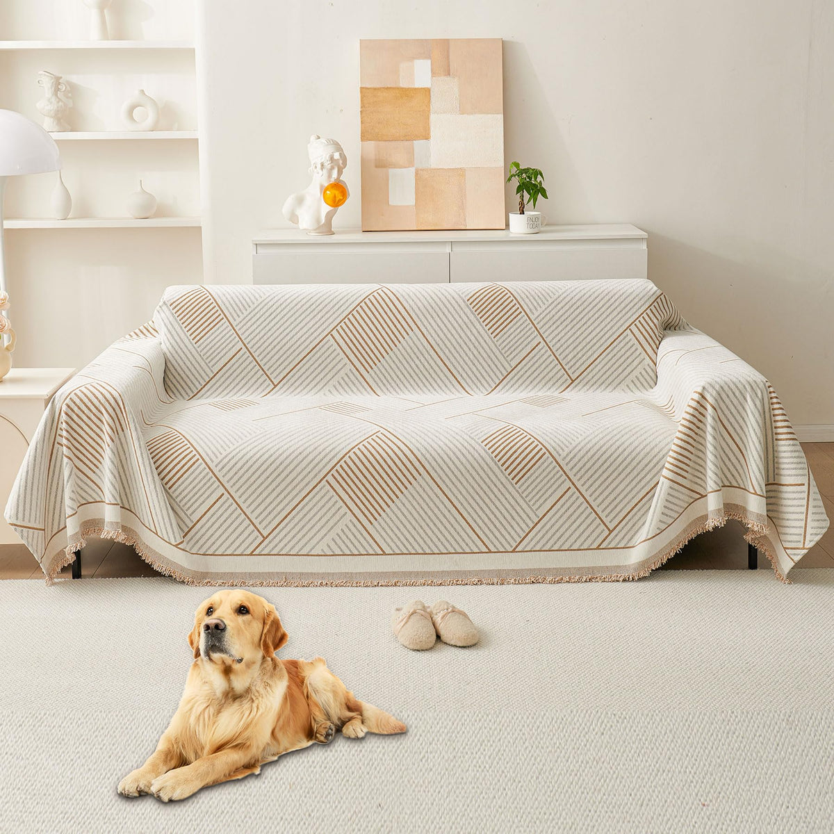 HAOMAIJIA Non Slip couch cover sofa covers for 3 cushion couch Washable sectional couch covers for Dogs pet Furniture Protector Couch Cover Blanket for Living Room (Off white, 91"x150")