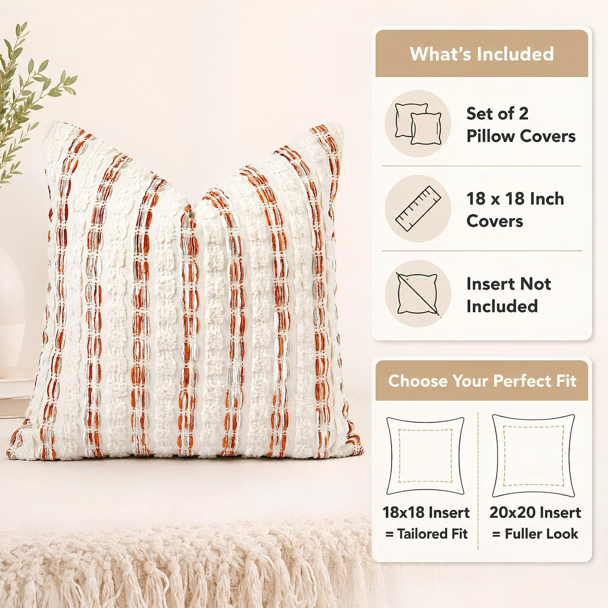CROWNED BEAUTY Farmhouse Boho Throw Pillow Covers, 18x18, Rust Orange