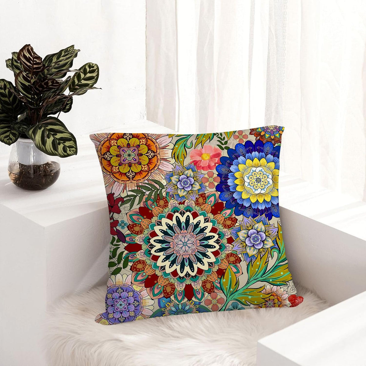 Boho Floral Throw Pillows Covers 18x18 in Colorful Flower Set of 4