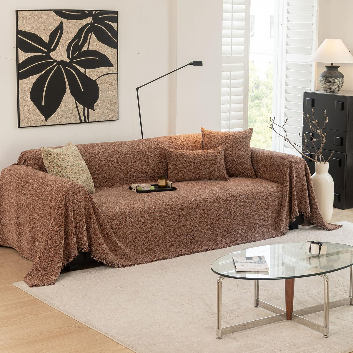 ROOMLIFE Thicked Striped Couch Cover with Tassel Blue Chenille Sofa Cover Blanket for Sectional Sofa, Soft Sofa Slipcovers for L Shaped Love Seat 2-3 Cushion Couch Anti Slip Sofa Protector, 71"x118"