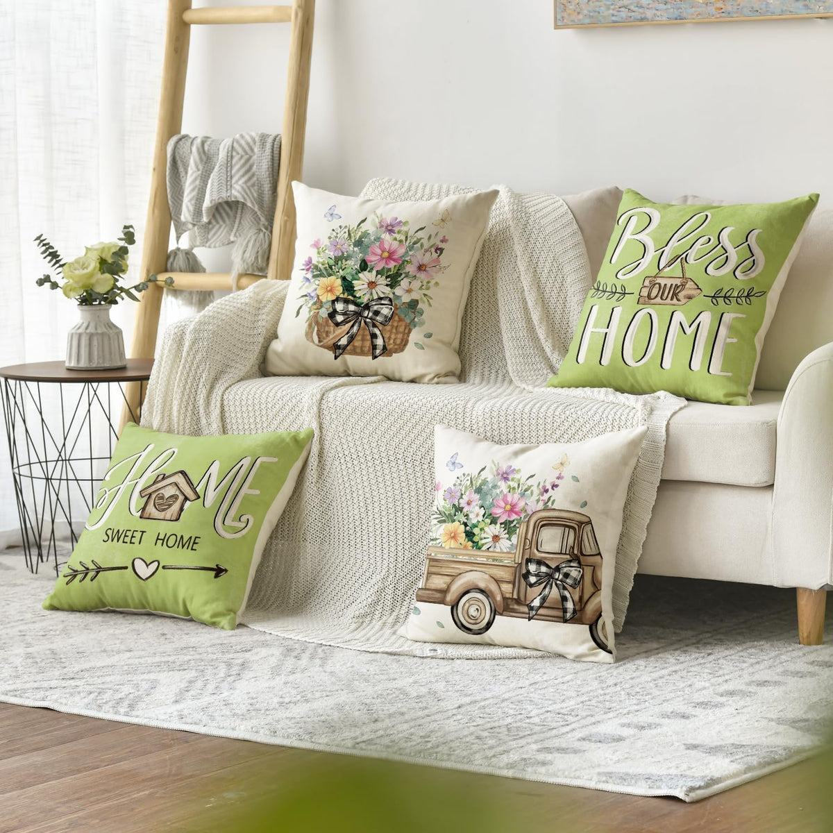 AVOIN colorlife Bless Our Home Eucalyptus Leaves Throw Pillow Covers, 18 x 18 Inch Spring Truck Cushion Case for Home Sofa Couch Set of 4