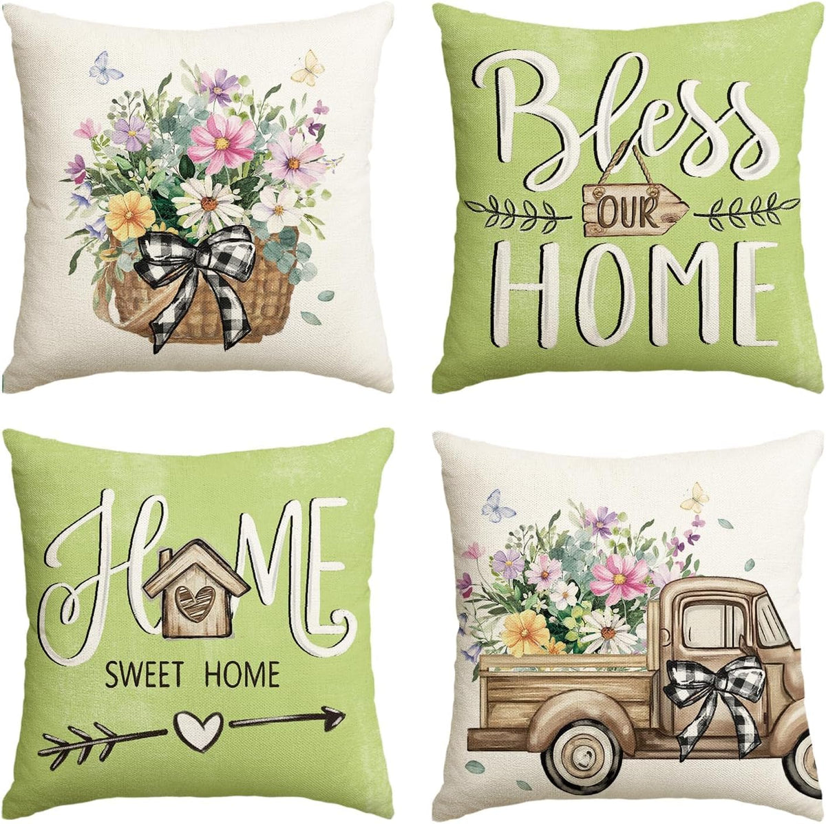 AVOIN colorlife Bless Our Home Eucalyptus Leaves Throw Pillow Covers, 18 x 18 Inch Spring Truck Cushion Case for Home Sofa Couch Set of 4