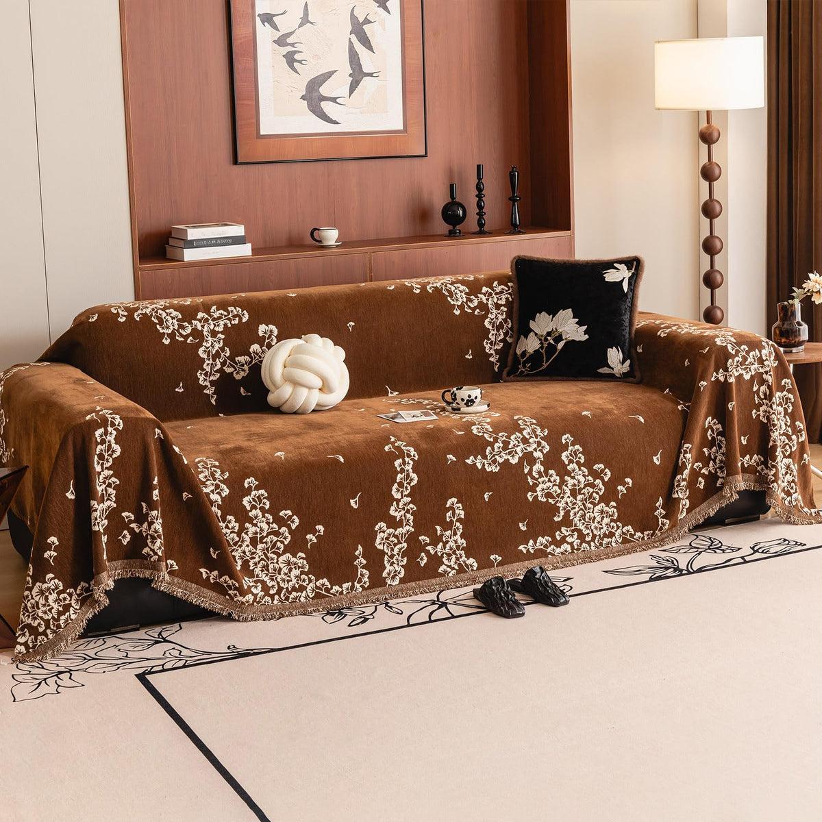 DREAMINGO Green Floral Couch Cover Farmhouse Botanical Jacquard Sofa Covers for 2 Cushion Couch Cozy Chenille Living Room Furniture Loveseat Sectional Sofa Slipcovers Washable, Large 71"x118"