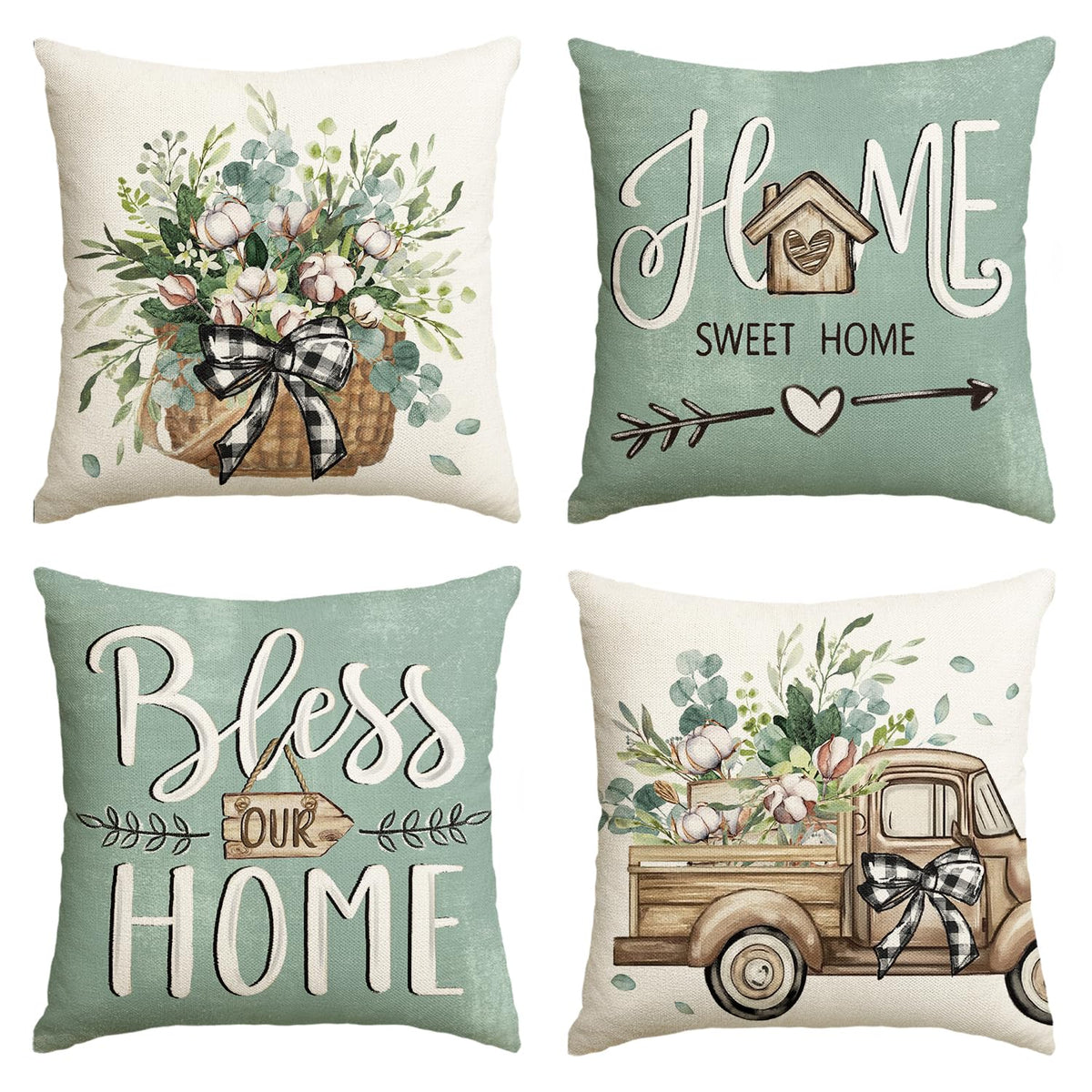 AVOIN colorlife Bless Our Home Eucalyptus Leaves Throw Pillow Covers, 18 x 18 Inch Spring Truck Cushion Case for Home Sofa Couch Set of 4