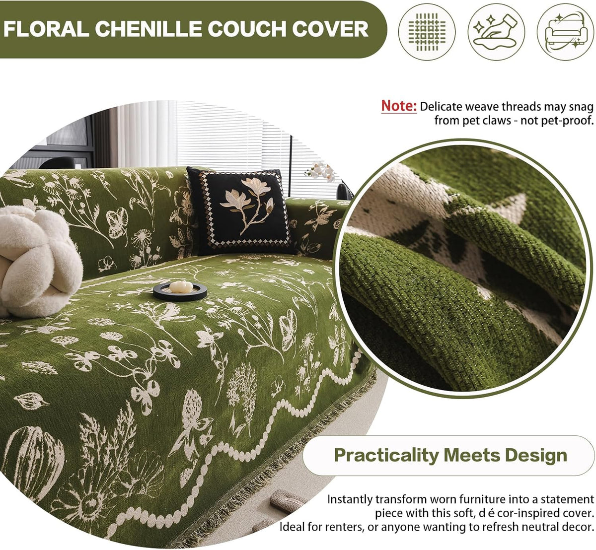 DREAMINGO Green Floral Couch Cover Farmhouse Botanical Jacquard Sofa Covers for 2 Cushion Couch Cozy Chenille Living Room Furniture Loveseat Sectional Sofa Slipcovers Washable, Large 71"x118"