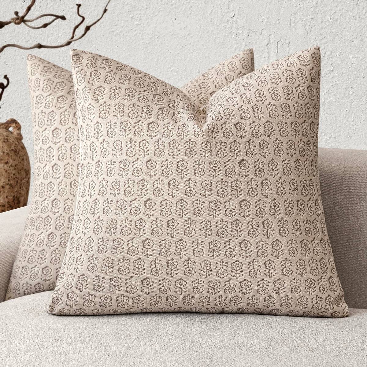 Foindtower Decorative Floral Print Throw Pillow Covers 18×18 Inch,Tan Taupe