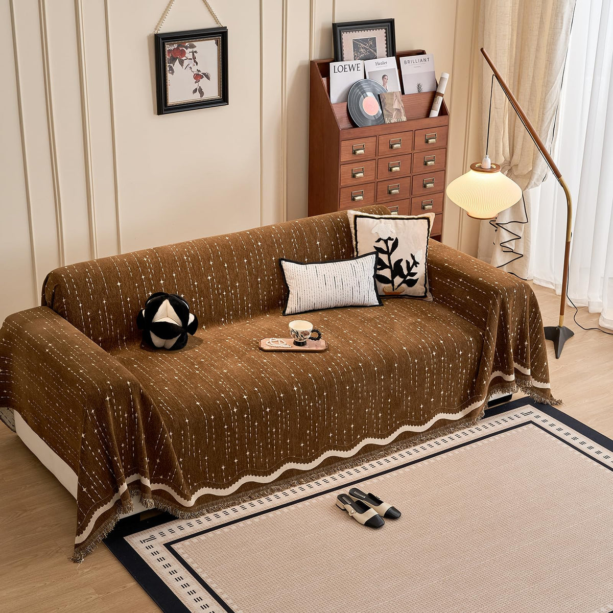 ROOMLIFE Thicked Striped Couch Cover with Tassel Blue Chenille Sofa Cover Blanket for Sectional Sofa, Soft Sofa Slipcovers for L Shaped Love Seat 2-3 Cushion Couch Anti Slip Sofa Protector, 71"x118"