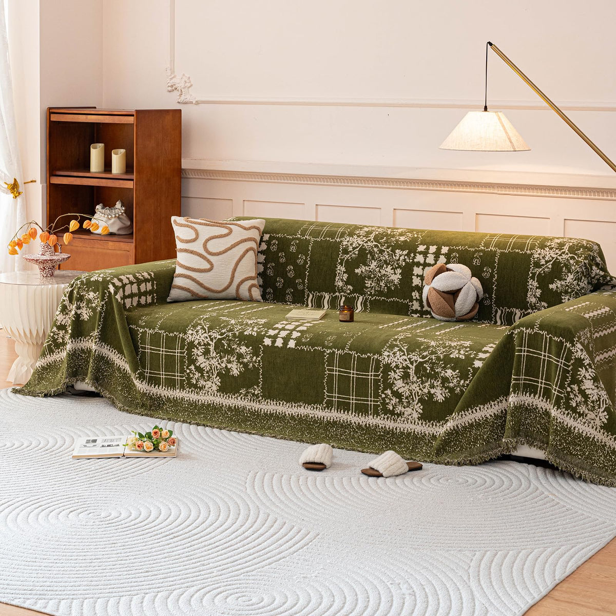 DREAMINGO Green Floral Couch Cover Farmhouse Botanical Jacquard Sofa Covers for 2 Cushion Couch Cozy Chenille Living Room Furniture Loveseat Sectional Sofa Slipcovers Washable, Large 71"x118"