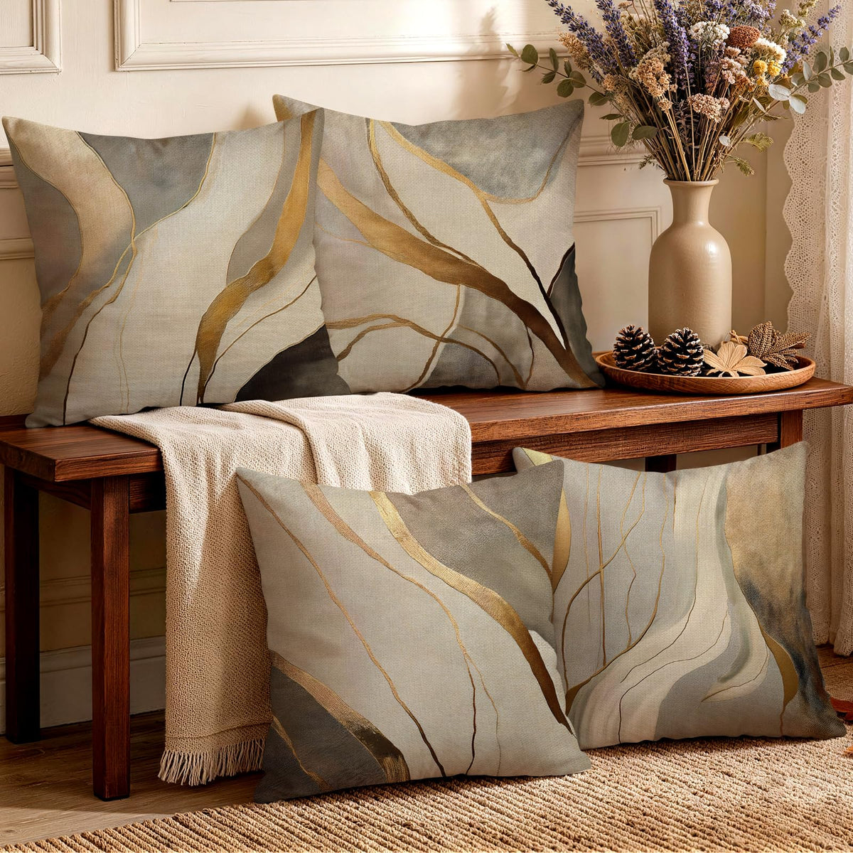 OBSEDE Rustic Neutral Boho Floral Throw Pillow Covers 18x18 Inch Set of 4
