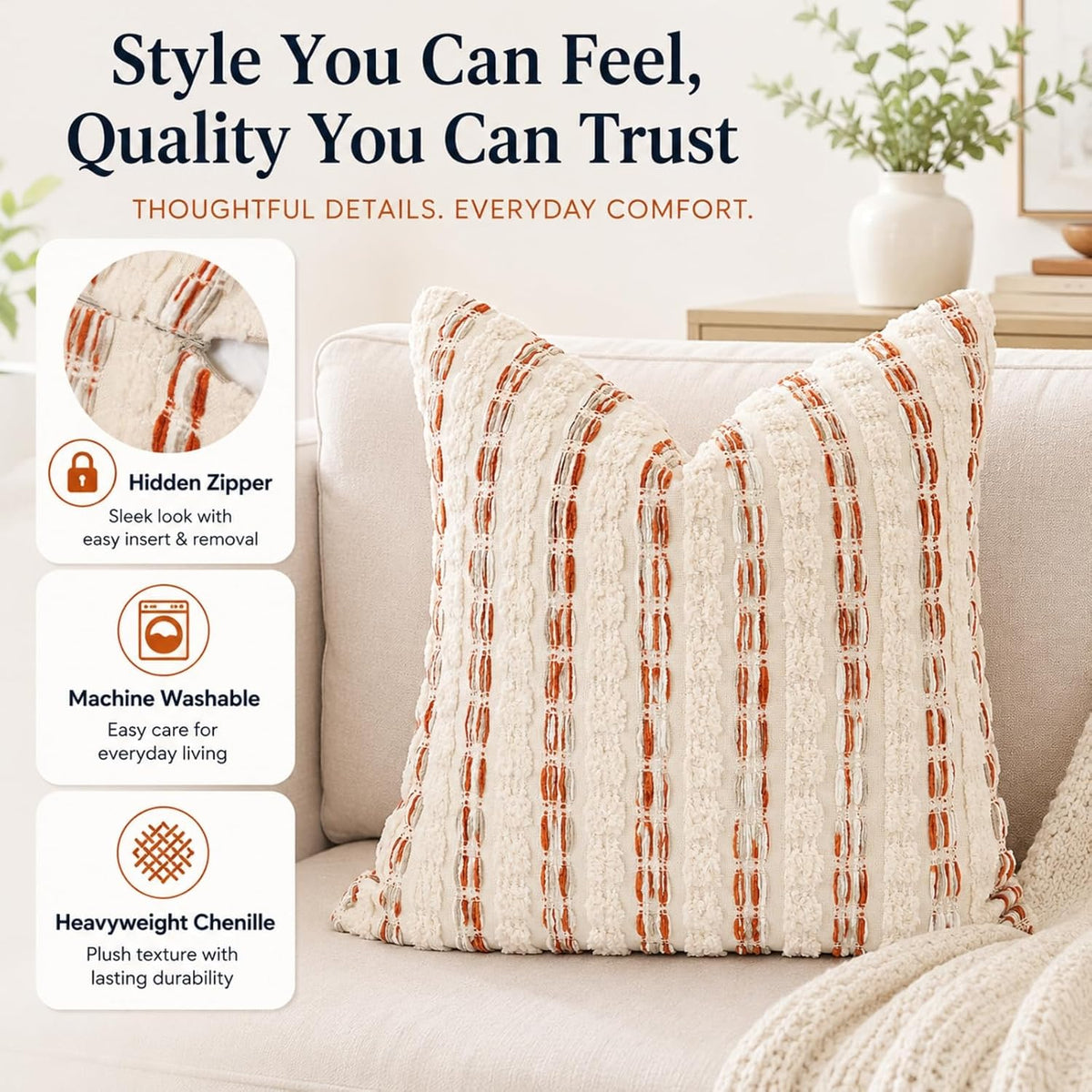 CROWNED BEAUTY Farmhouse Boho Throw Pillow Covers, 18x18, Rust Orange