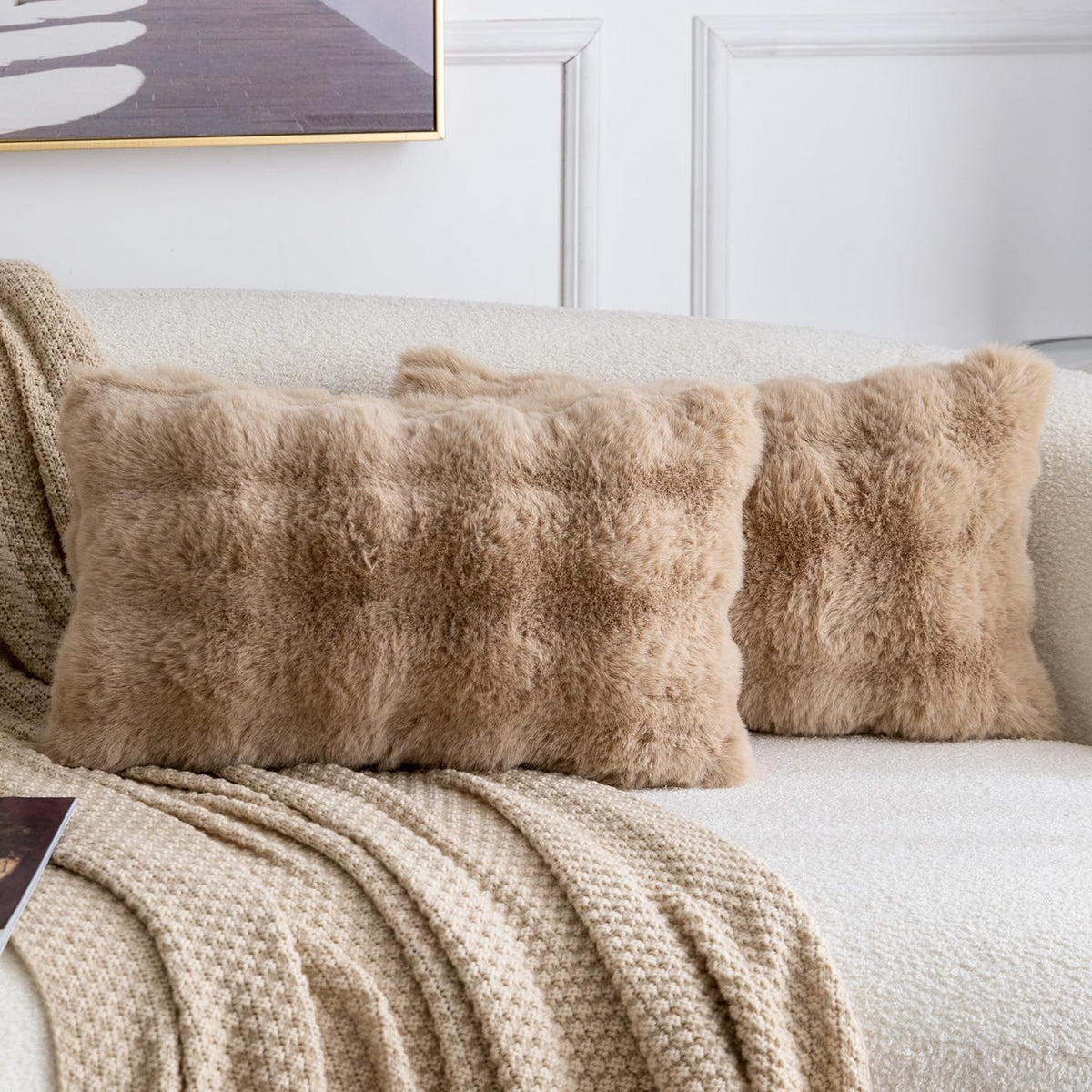 MADIZZ Pack of 2 Thick Plush Faux Wool Throw Pillow Covers Soft Boho Throw Pillows Luxurious Cushion Covers for Couch Sofa Bedroom Living Room Home Decor 18x18 Inch Cream