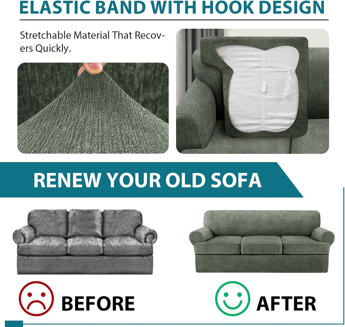 4 Piece T Cushion Sofa Slipcovers Stretch Couch Cover Furniture Covers with 3 Individual T Cushion Covers, Machine Washable for Living Room (Green, 3 Cushions)