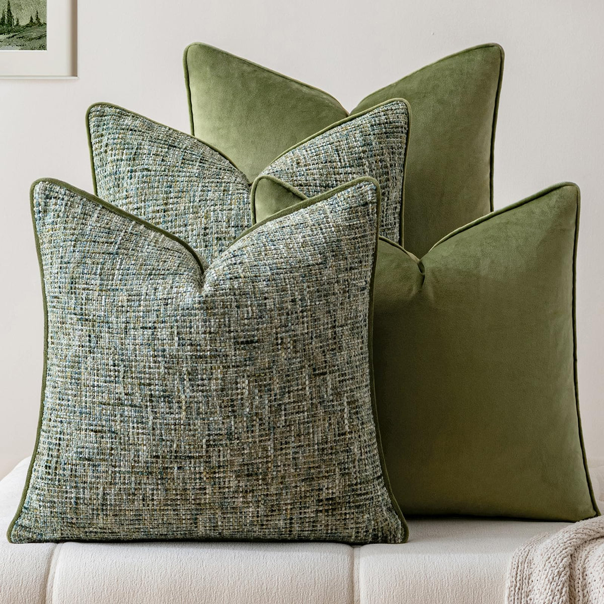 a moment Khaki 4 Pack Throw Pillow Covers - Chenille & Velvet Set with Piping, Farmhouse Textured Design Cushion Cases for Couch Sofa Bed (18x18 Inch, No Insert)