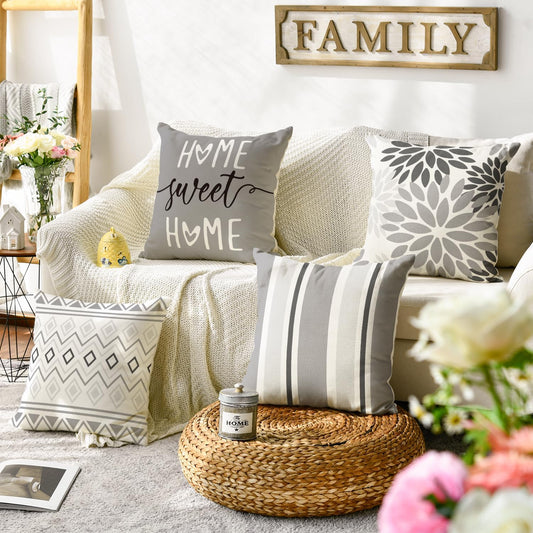 AVOIN colorlife Dahlia Flowers Grey Throw Pillow Covers, 18 x 18 Inch Home Sweet Home Living Room Outdoor Cushion Case Decoration for Sofa Couch Set of 4