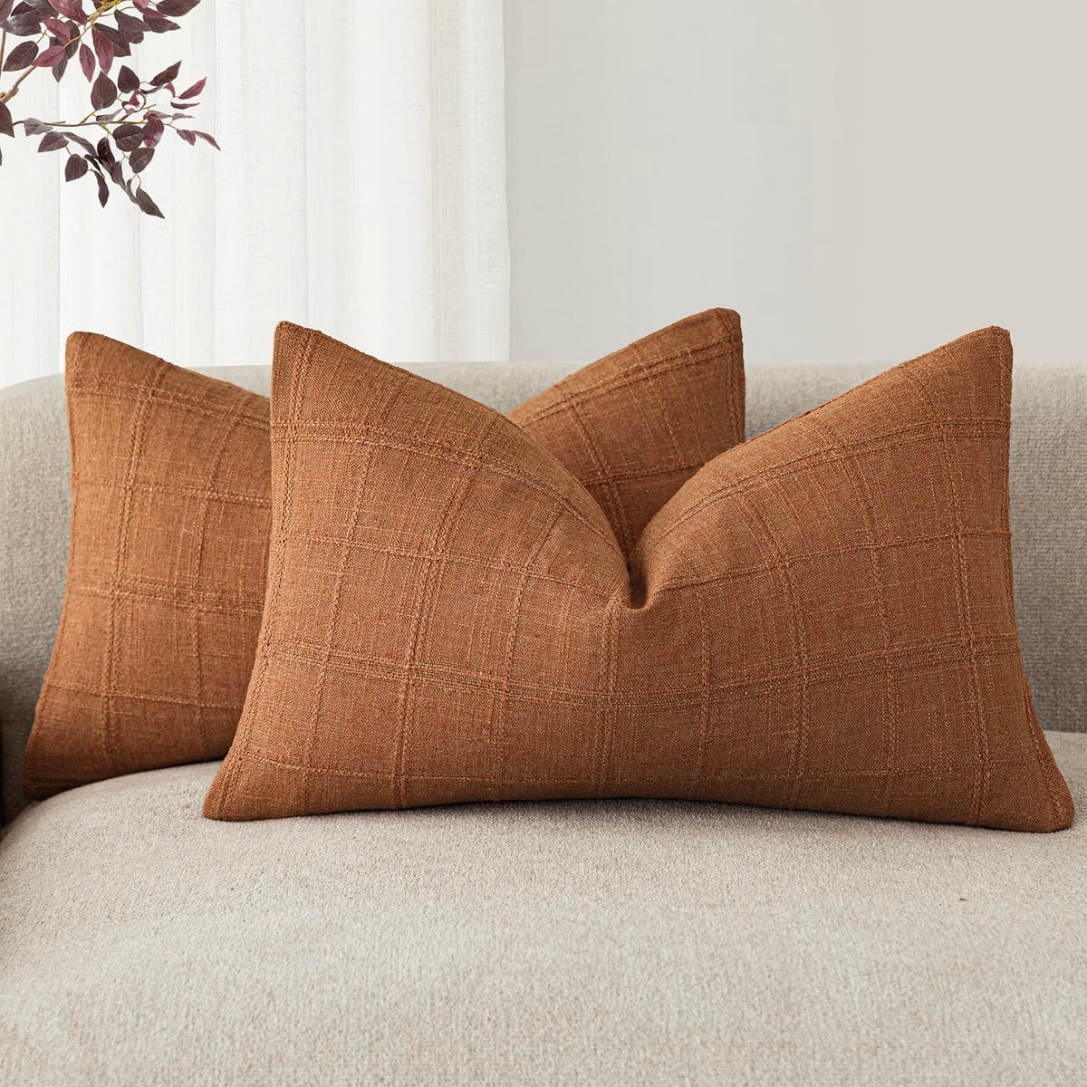Foindtower Linen Check Decorative Throw Pillow Covers 18×18 Natural Beige