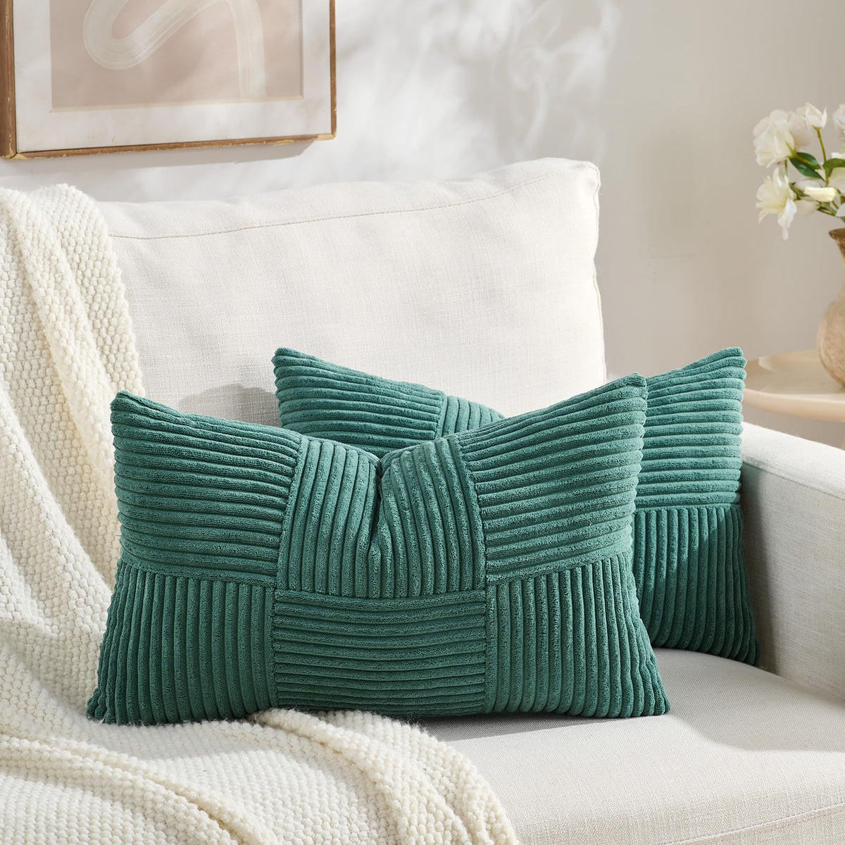 Fancy Homi Set of 2 Dark Gray Boho Decorative Throw Pillow Covers 18x18 Inch for Living Room Bedroom Couch Bed Sofa, Modern Farmhouse Home Decor, Soft Striped Plaid Corduroy Accent Cushion Case