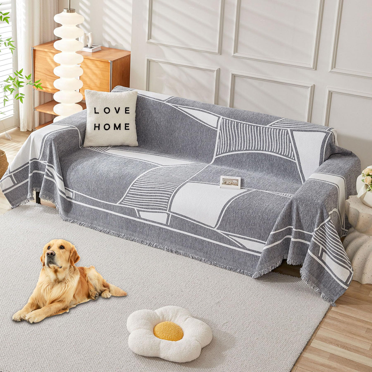 HAOMAIJIA Non Slip couch cover sofa covers for 3 cushion couch Washable sectional couch covers for Dogs pet Furniture Protector Couch Cover Blanket for Living Room (Off white, 91"x150")