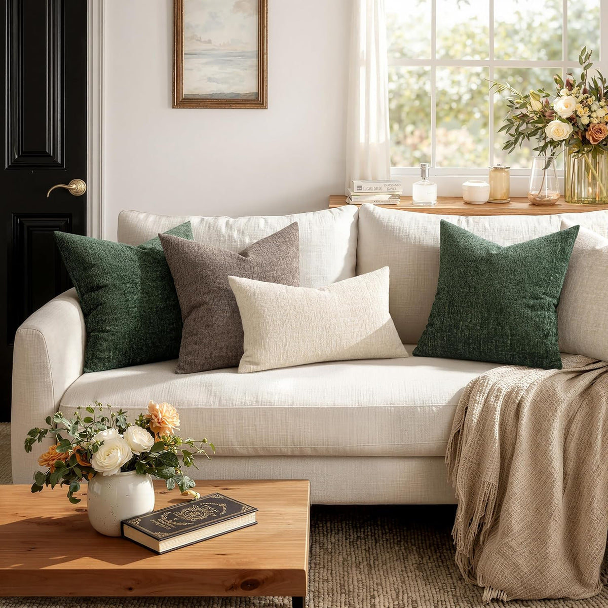 MIULEE Couch Pillow Covers Textured Chenille Home Decor 18x18 Beige