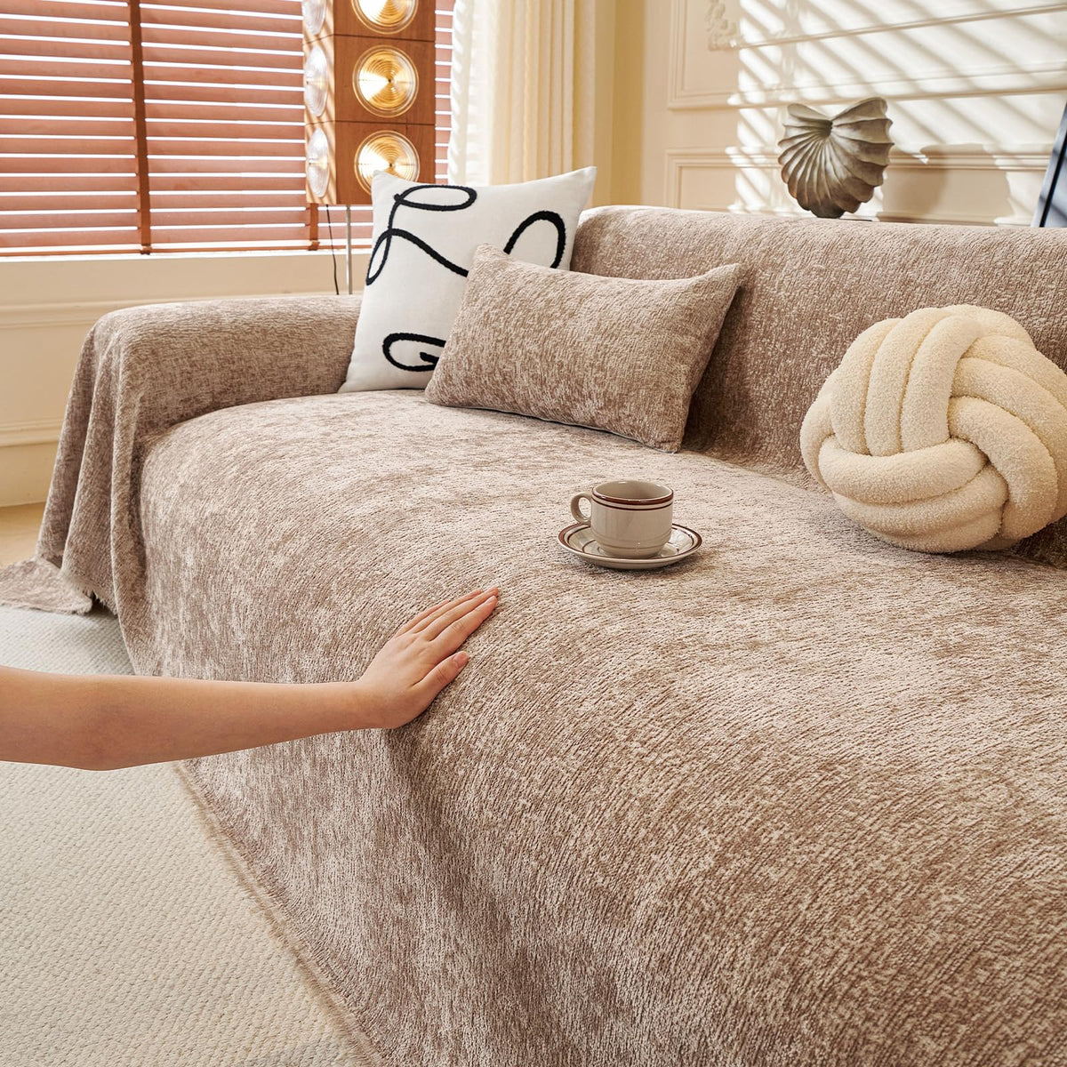ROOMLIFE Thicked Striped Couch Cover with Tassel Blue Chenille Sofa Cover Blanket for Sectional Sofa, Soft Sofa Slipcovers for L Shaped Love Seat 2-3 Cushion Couch Anti Slip Sofa Protector, 71"x118"