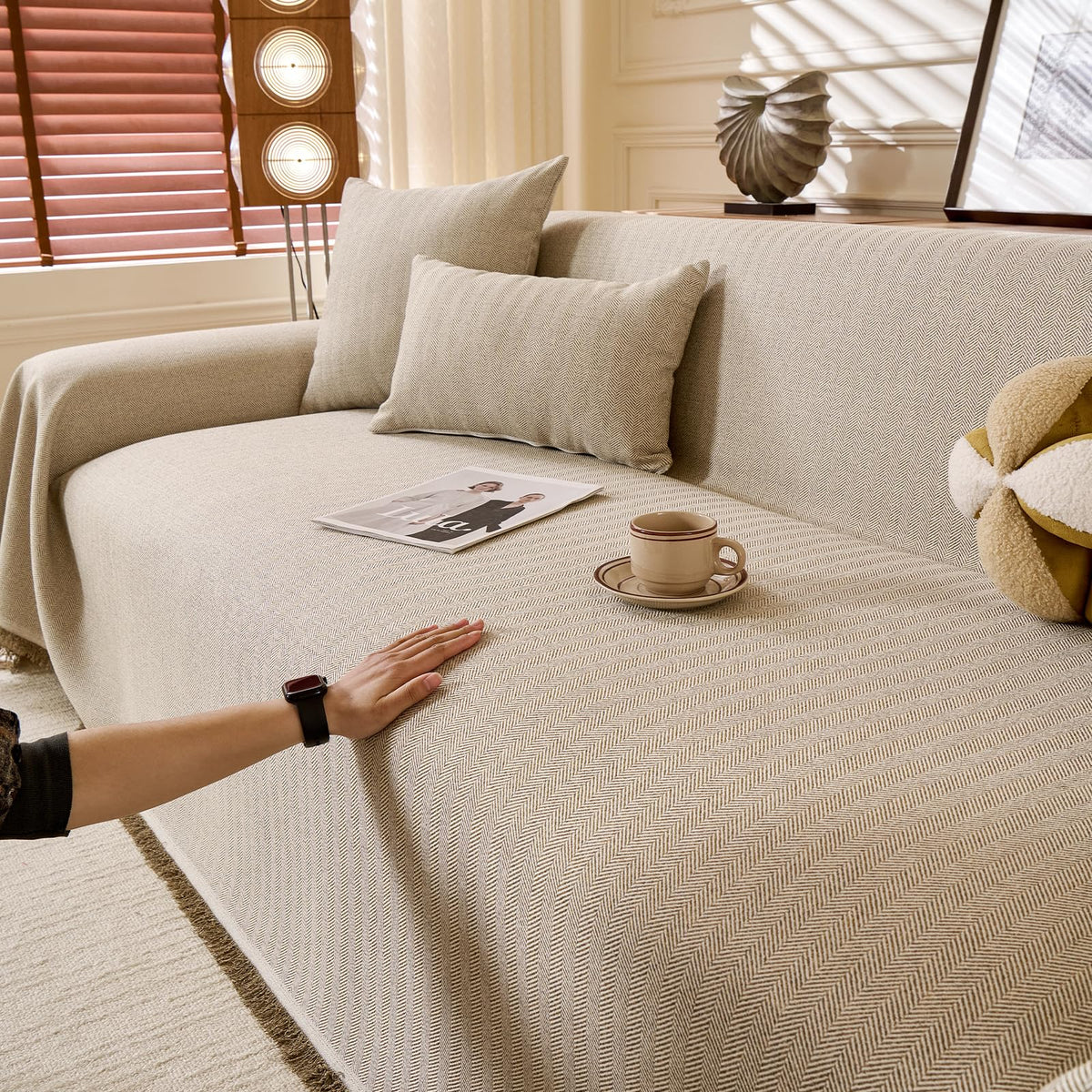 ROOMLIFE Thicked Striped Couch Cover with Tassel Blue Chenille Sofa Cover Blanket for Sectional Sofa, Soft Sofa Slipcovers for L Shaped Love Seat 2-3 Cushion Couch Anti Slip Sofa Protector, 71"x118"
