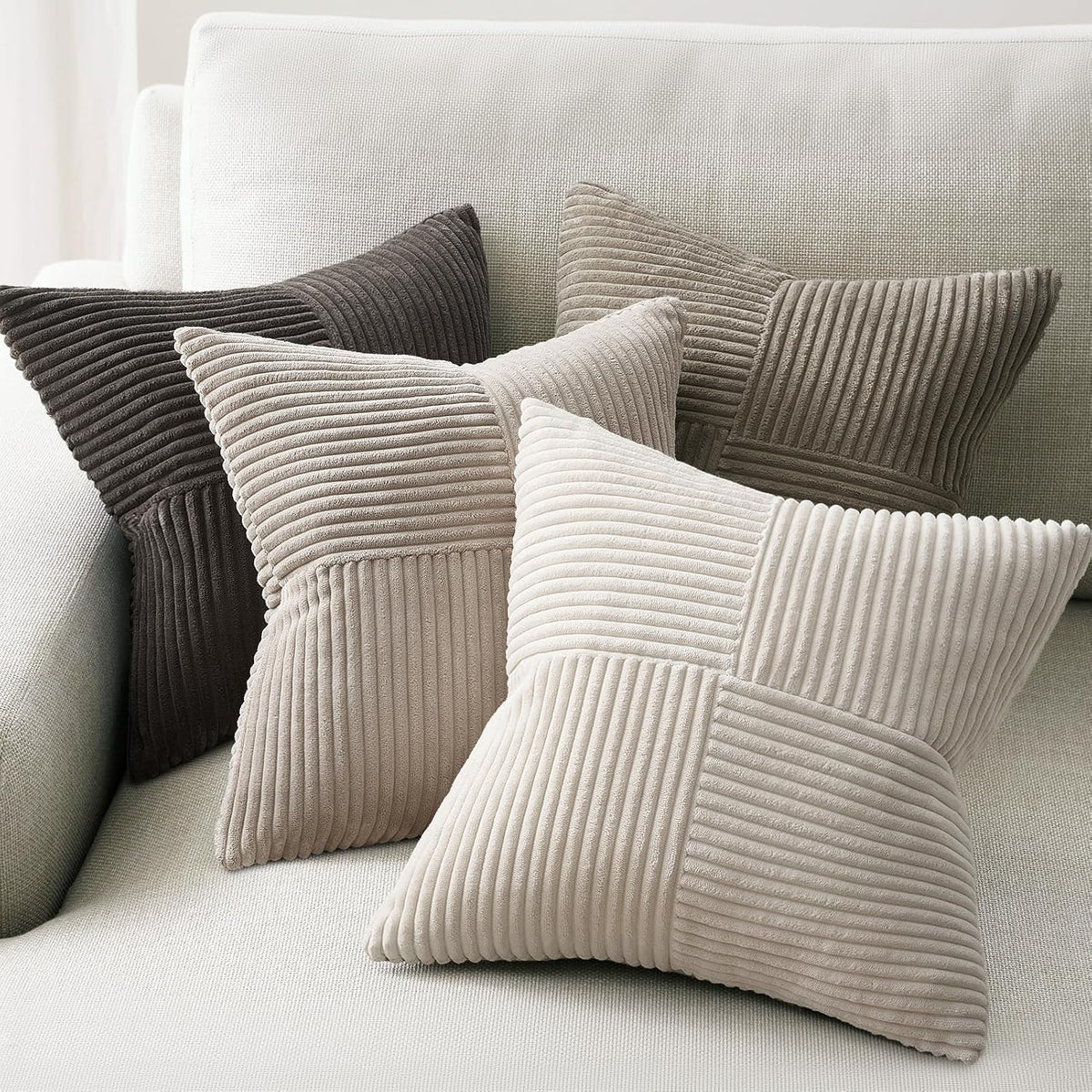 Topfinel Decorative Neutral Gray Throw Pillow Covers for Couch,Boho Cozy Soft Cushion Covers Set of 4 with Corduroy,Accent Pillowcases for Sofa,Bed,Living Room Home Decor 18×18 Inch (Cream,Grey)