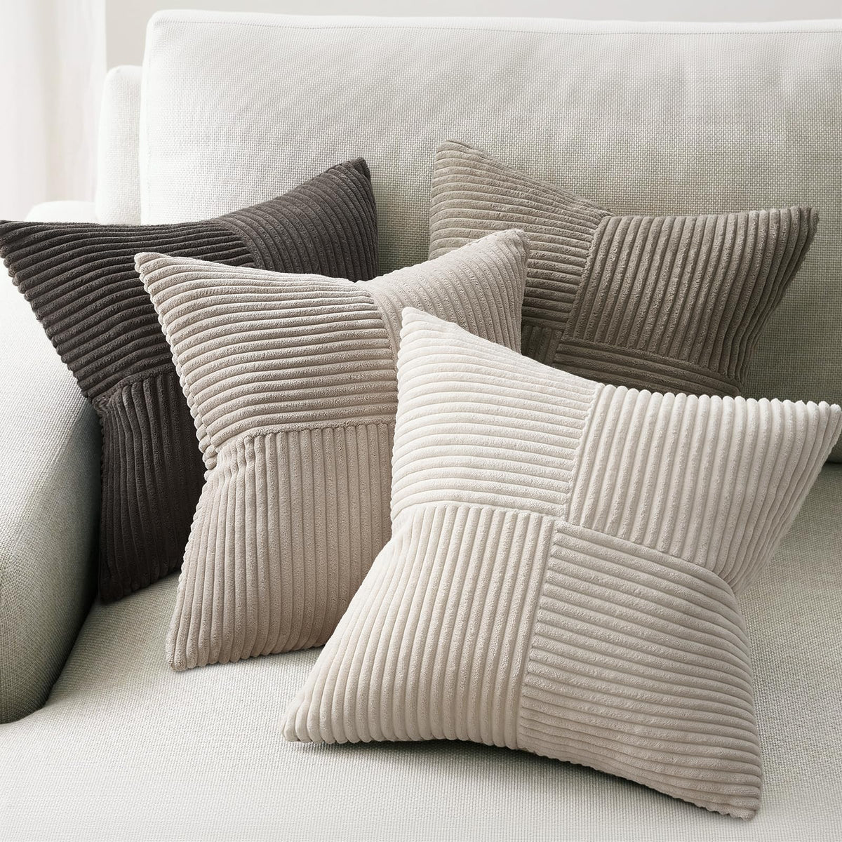 Topfinel Decorative Neutral Gray Throw Pillow Covers for Couch,Boho Cozy Soft Cushion Covers Set of 4 with Corduroy,Accent Pillowcases for Sofa,Bed,Living Room Home Decor 18×18 Inch (Cream,Grey)
