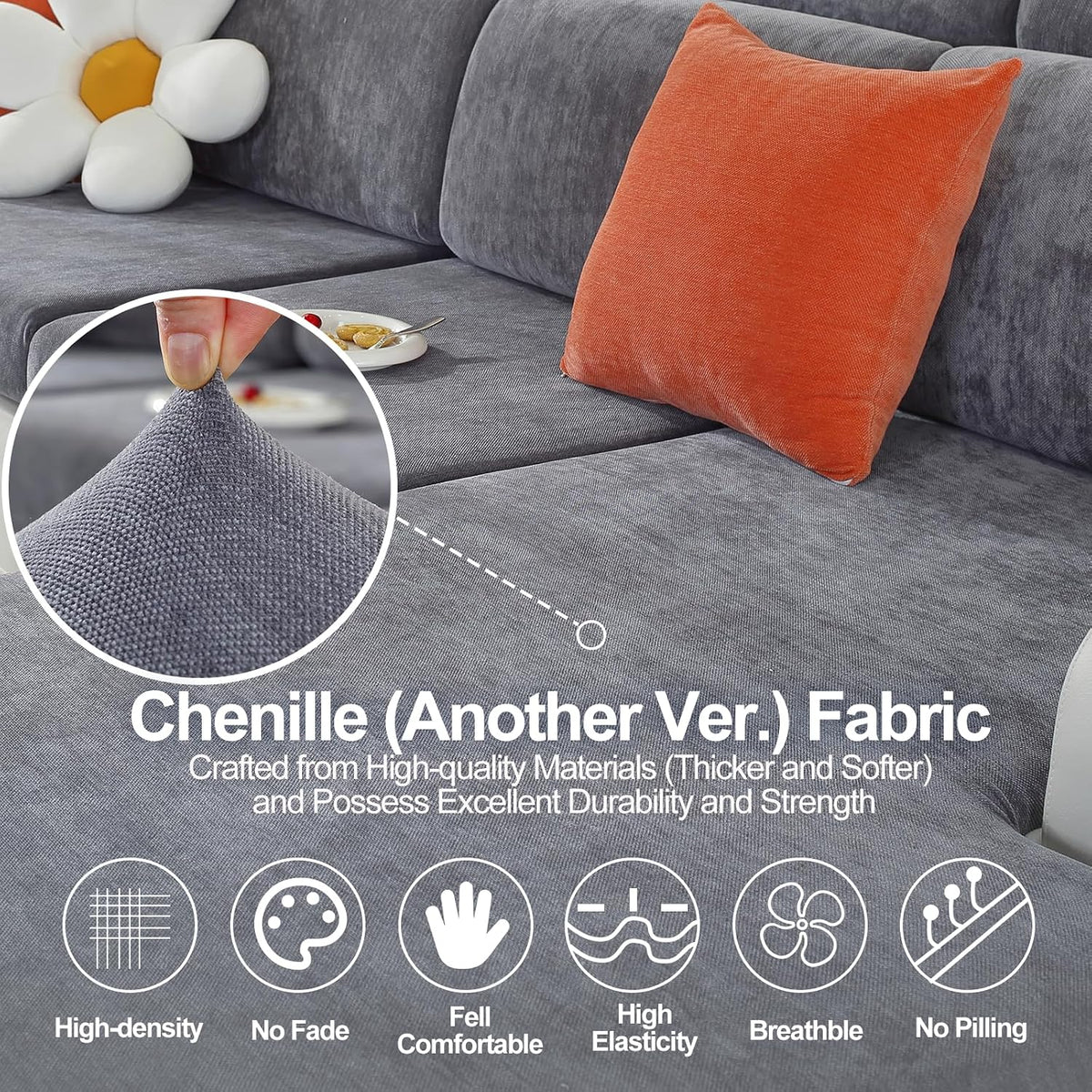 WEYOND Couch Cushion Covers L Shaped Sectional, 3PC Seat Covers, Dark Grey