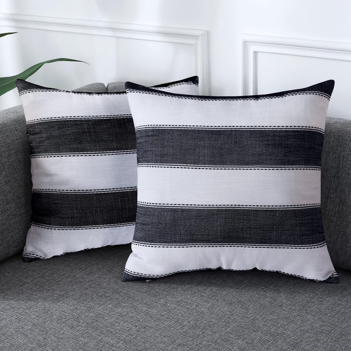AmHoo Pack of 2 Farmhouse Stripe Check Throw Pillow Covers Set Case Cotton Linen Decorative Pillowcases Cushion Cover for Couch Bench Sofa 18x18Inch Dark Grey Beige