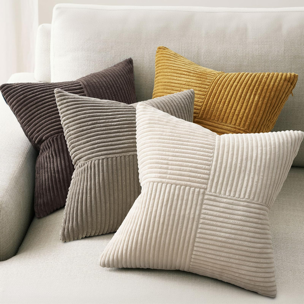 Topfinel Decorative Neutral Gray Throw Pillow Covers for Couch,Boho Cozy Soft Cushion Covers Set of 4 with Corduroy,Accent Pillowcases for Sofa,Bed,Living Room Home Decor 18×18 Inch (Cream,Grey)