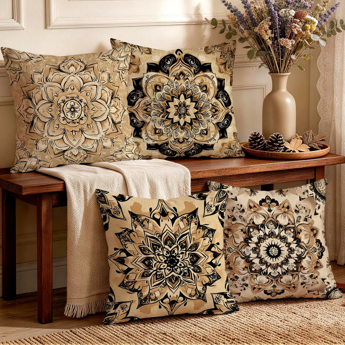 OBSEDE Rustic Neutral Boho Floral Throw Pillow Covers 18x18 Inch Set of 4