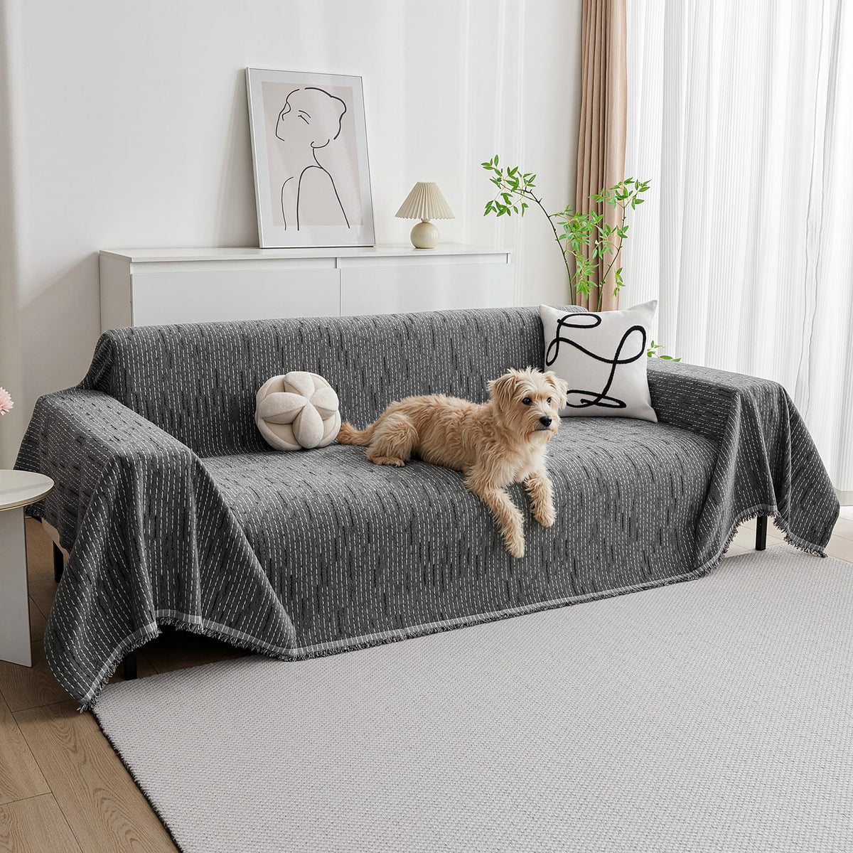 MYSKY HOME Couch Cover for Dogs, Washable Couch Covers, Non Slip Couch Sofa Cover, Couch Cover 2 Cushion Sofa Dogs Furniture Protector with Tassels Chenille Sofa Covers for Pets, 71"x118", Moss Green