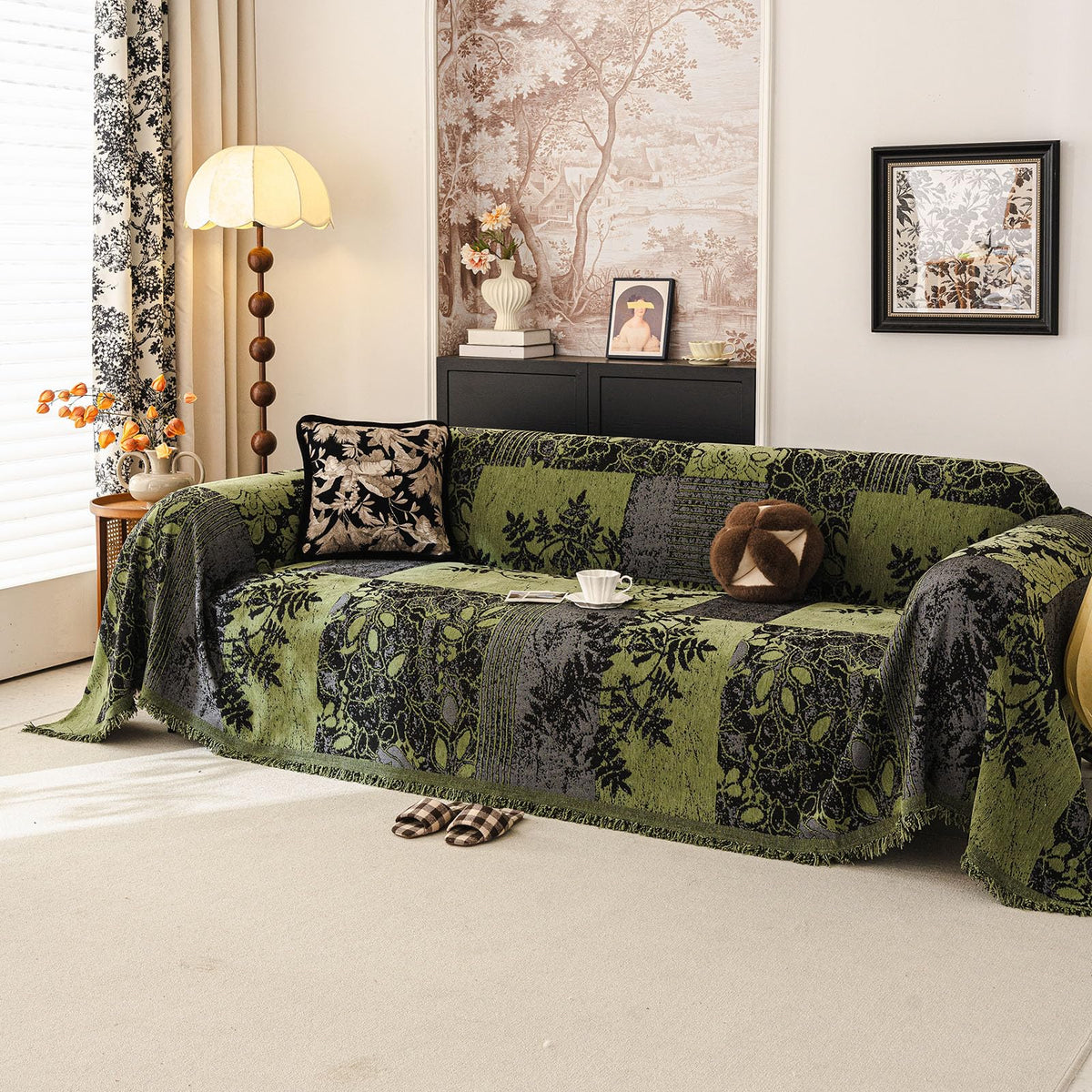 DREAMINGO Green Floral Couch Cover Farmhouse Botanical Jacquard Sofa Covers for 2 Cushion Couch Cozy Chenille Living Room Furniture Loveseat Sectional Sofa Slipcovers Washable, Large 71"x118"