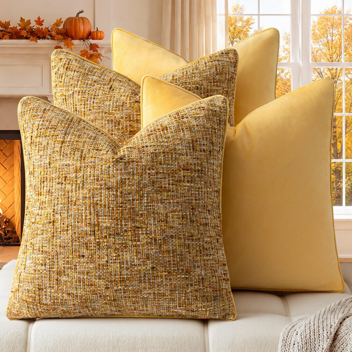 a moment Khaki 4 Pack Throw Pillow Covers - Chenille & Velvet Set with Piping, Farmhouse Textured Design Cushion Cases for Couch Sofa Bed (18x18 Inch, No Insert)