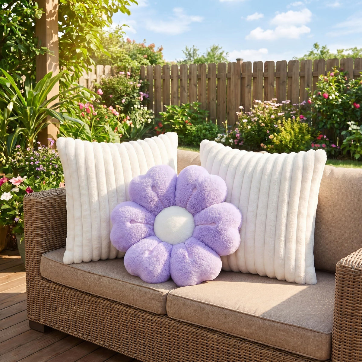 Amyhill Set of 3 Flower Throw Pillow and 18" Plush Cushion Cover Faux Fur, Daisy Home Decorative Pillow 2 Fuzzy Striped Pillowcase Flower Floor Seat Cushion Cover for Sofa Chair Bed(Beige and White)