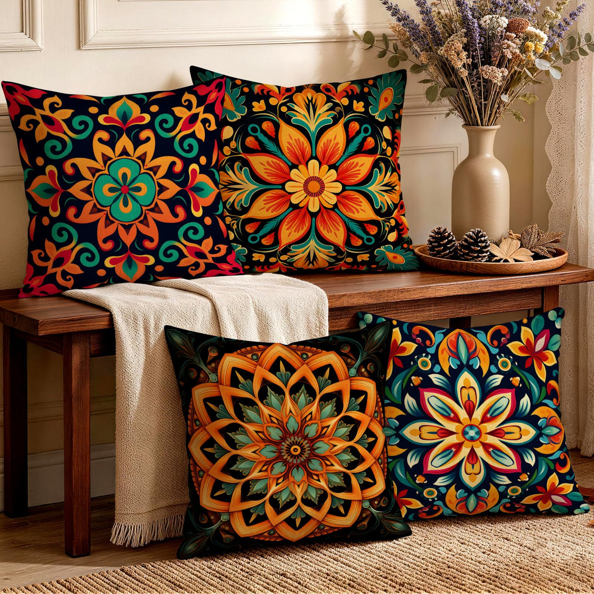 OBSEDE Rustic Neutral Boho Floral Throw Pillow Covers 18x18 Inch Set of 4
