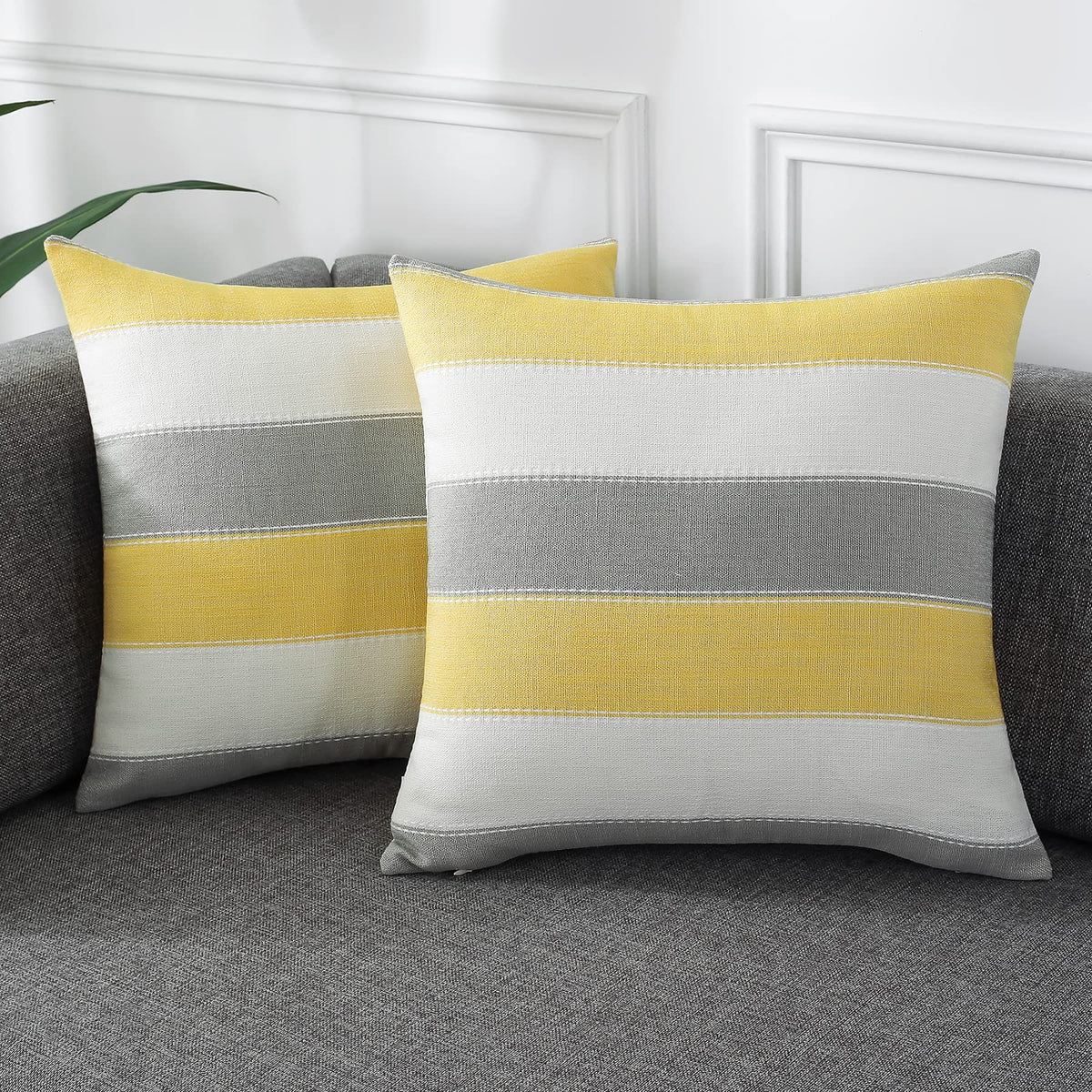 AmHoo Pack of 2 Farmhouse Stripe Check Throw Pillow Covers Set Case Cotton Linen Decorative Pillowcases Cushion Cover for Couch Bench Sofa 18x18Inch Dark Grey Beige