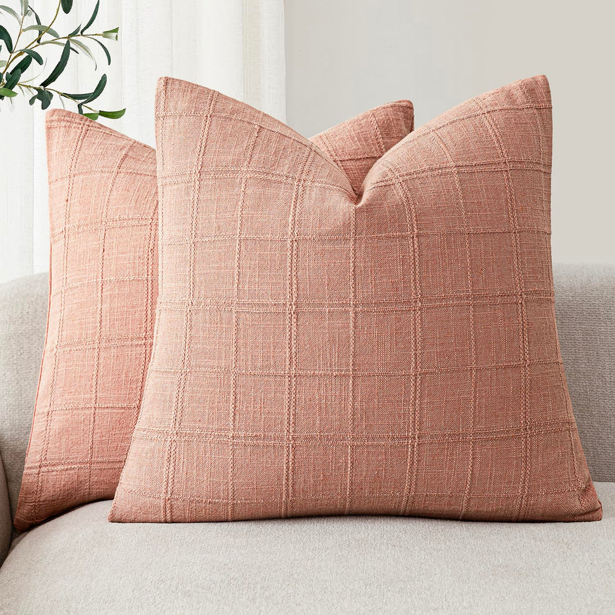 Foindtower Linen Check Decorative Throw Pillow Covers 18×18 Natural Beige