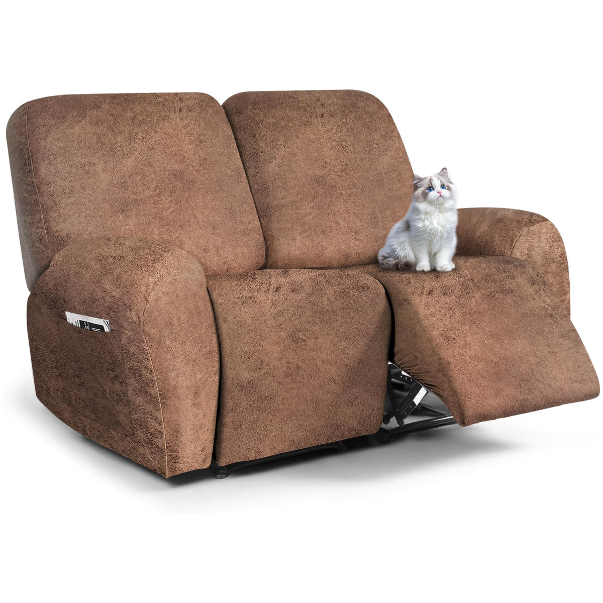 ANARACHON Leather Look Recliner Couch Cover, 8-Pieces Stretch Recliner Sofa Covers, Soft Reclining Slipcover, Washable Furniture Protector for Pets (3 Seater, Brown)